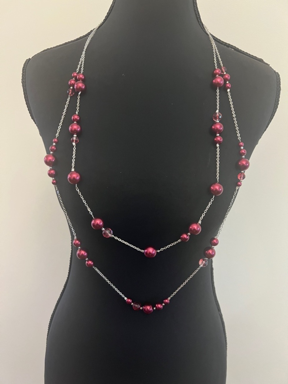 Long Layered Women’s Necklace with Deep Burgundy Beads